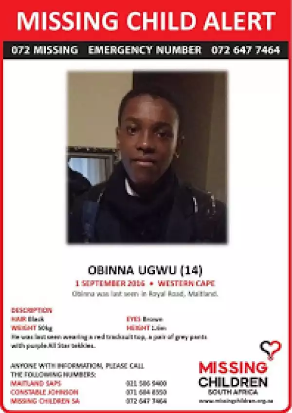 14-year-old Nigerian boy missing in Cape Town, South Africa